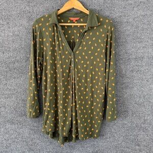 ModCloth Womens Floral Top Size Large Green V Neck Pullover Casual